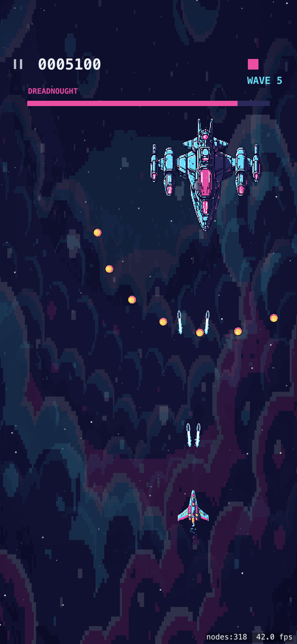 Gameplay: the Dreadnought capital ship filling the top of the screen, its health bar draining, amber plasma falling toward the player.
