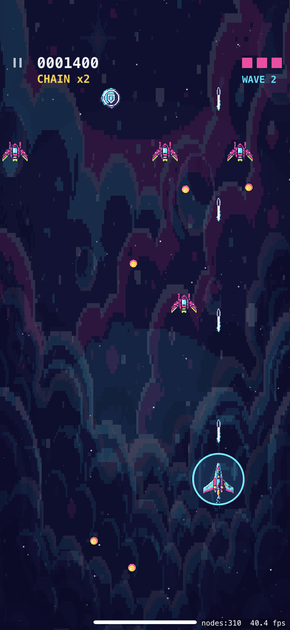 Gameplay: the player ship inside a glowing cyan shield bubble while enemy fire closes in.