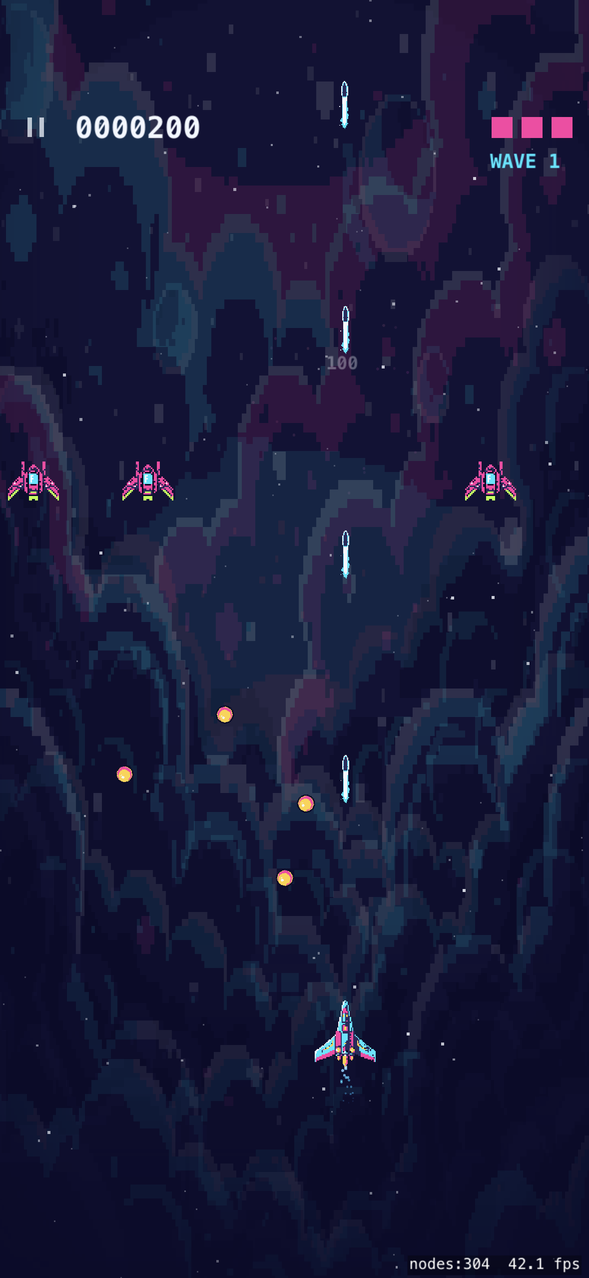 Gameplay: a cyan starfighter firing upward at a line of magenta scout ships over a purple nebula.